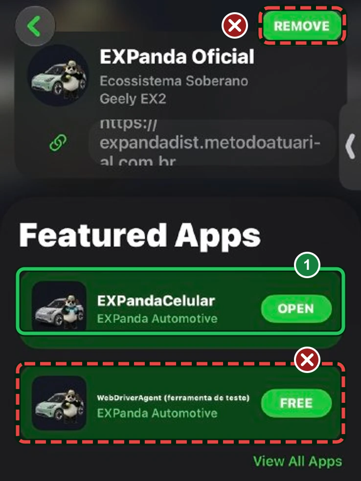 Captura da página da fonte «EXPanda Oficial» no SideStore. No alto, o nome da fonte, o endereço dela e o botão «REMOVE», com um X vermelho. Em «Featured Apps», a linha «EXPandaCelular», com a marca verde 1, e a linha «WebDriverAgent (ferramenta de teste)», com um X vermelho.