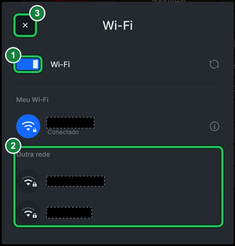 Janela Wi-Fi do menu oculto: 1 é o interruptor, 2 a lista de outras redes e 3 o botão de fechar. Os nomes das redes estão cobertos por tarjas pretas.